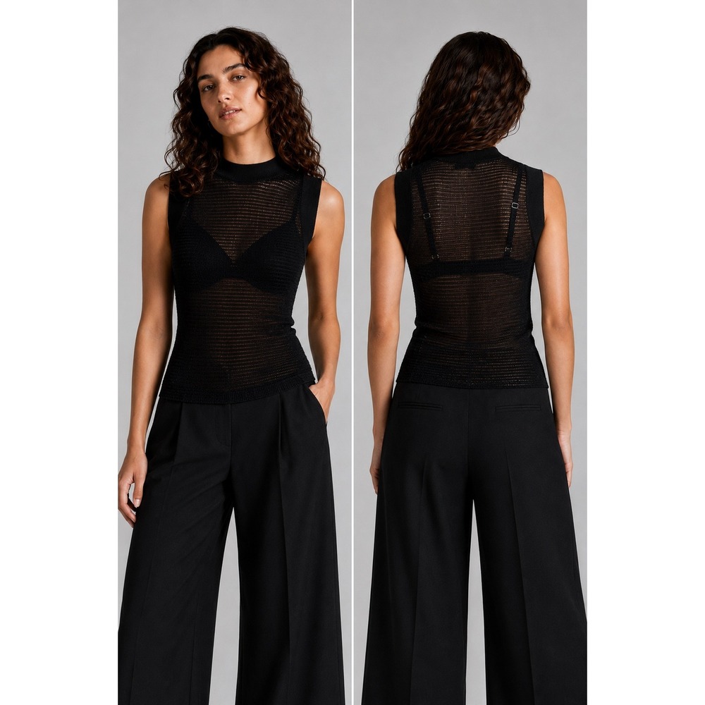 Rag & Bone Raina Top Womens L Black Metallic Striped Rib Knit Sheer Glam Night